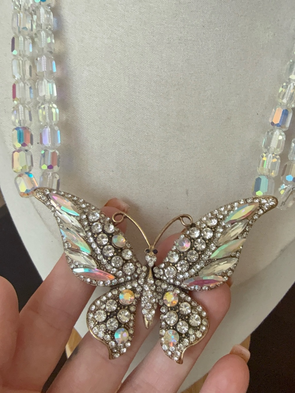 Iridescent Crystal Double Strand Butterfly Statement Necklace by Aurora Borealis - Picture 3 of 7